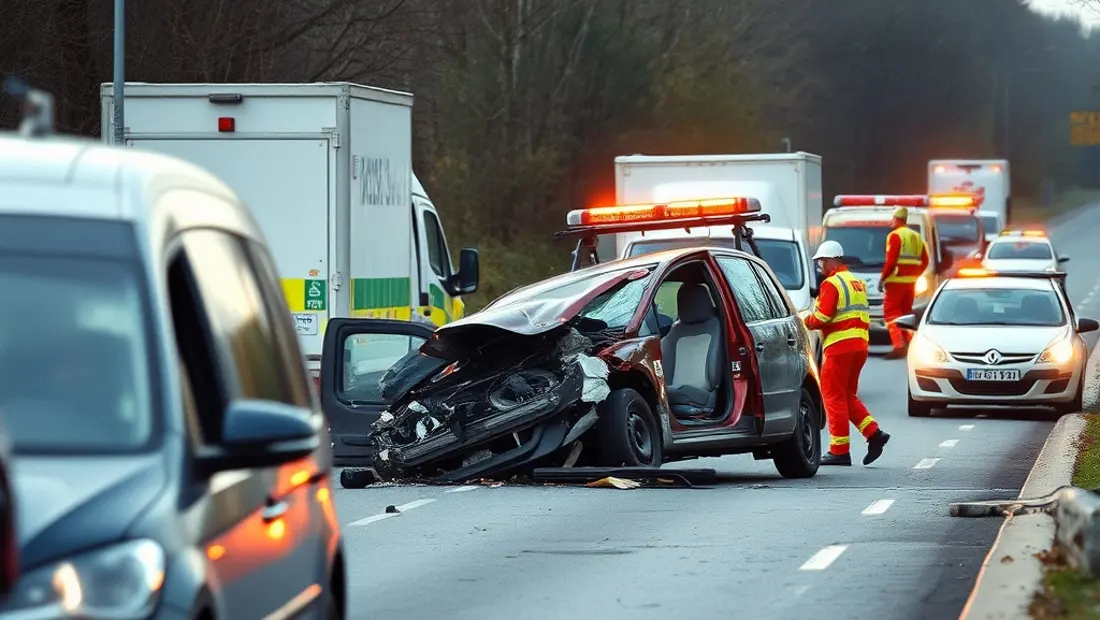Accident de la route avec véhicules endommagés et secours