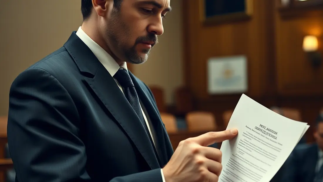 Un avocat pointant un document judiciaire dans un tribunal