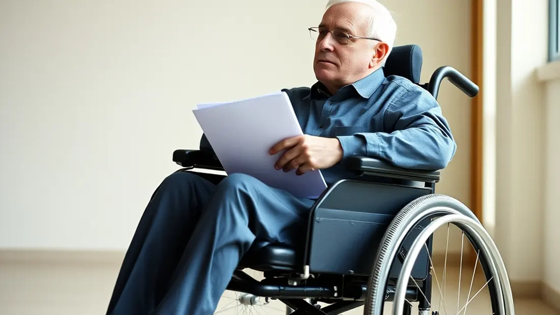 Un homme assis dans un fauteuil roulant avec un dossier médical
