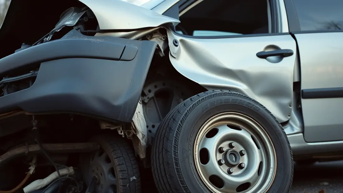 Accident de la route avec débris et pneus éparpillés.