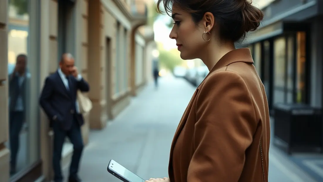 Femme en ville consulte un avocat sur son téléphone