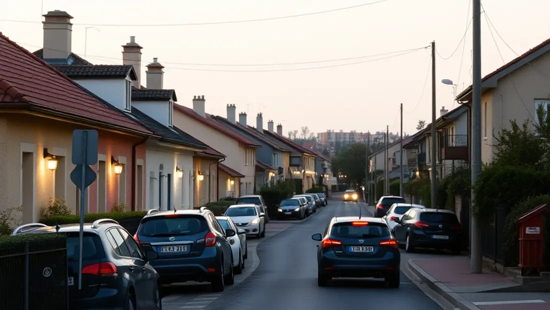 Rue calme avec des maisons et des voitures.