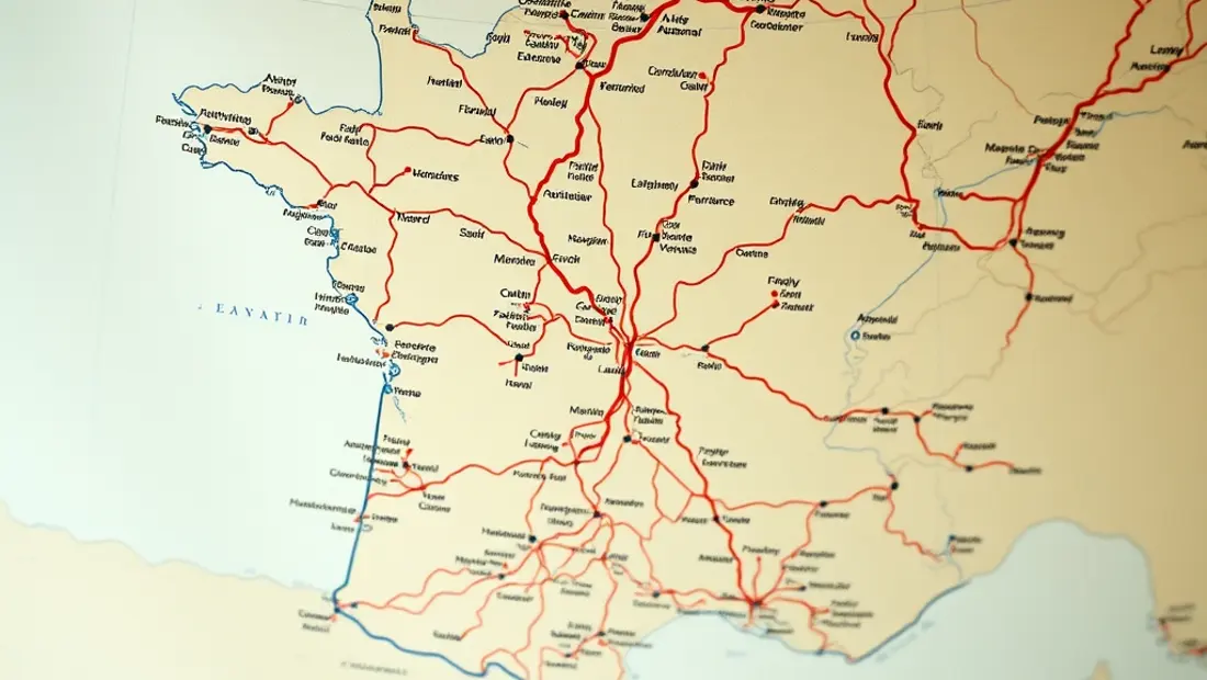 Carte géographique de la France avec routes et zones urbaines