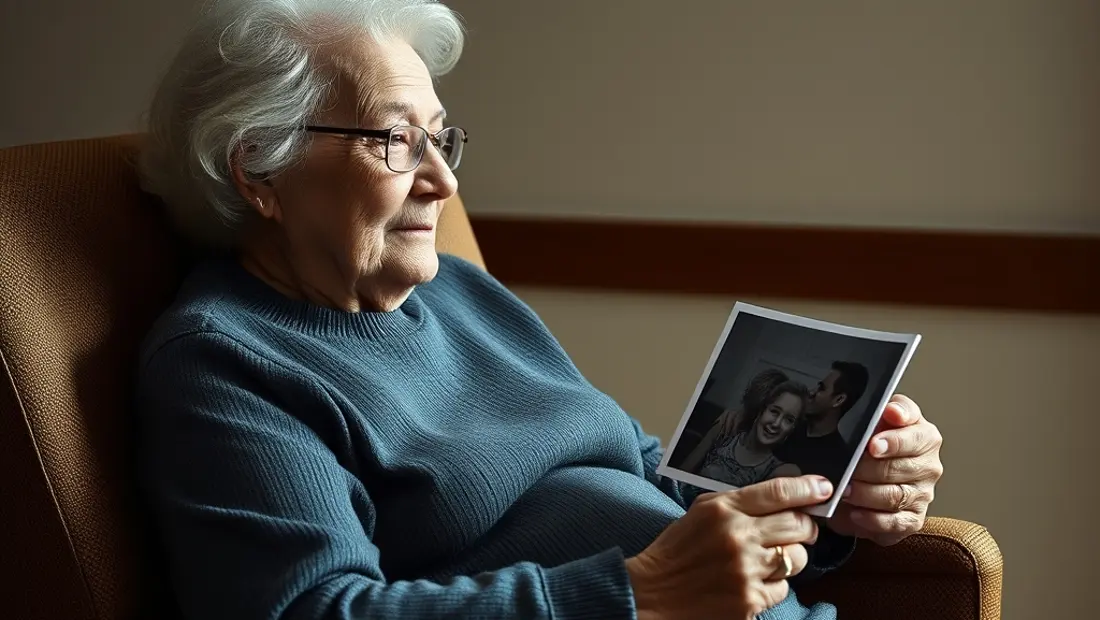 Une personne âgée regarde une photo de famille avec tristesse