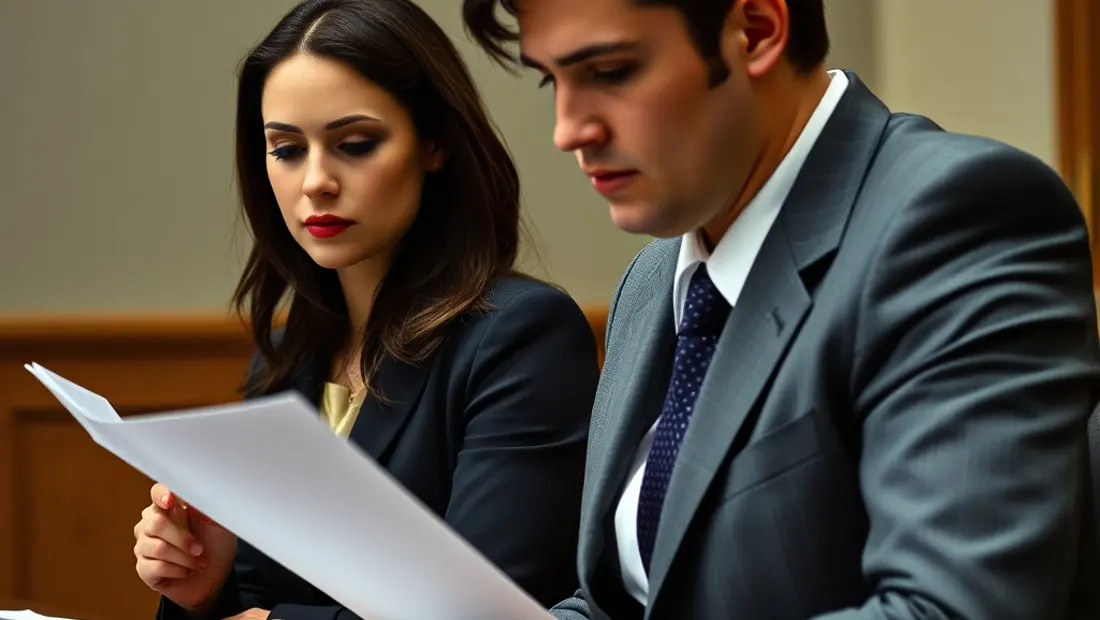 Une femme et son avocat devant un tribunal