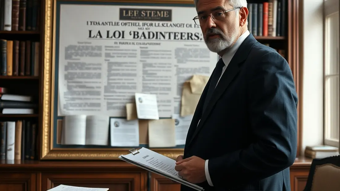 Un avocat devant un tableau de la loi Badinter dans un cabinet d'avocat.
