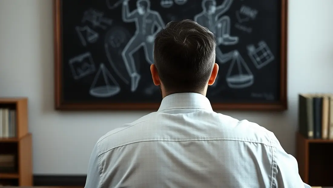Avocat devant un tableau noir avec notes et dessins.
