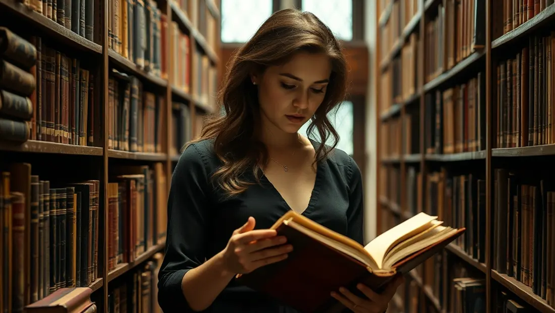 Femme dans une bibliothèque avec des livres anciens.