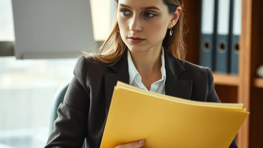 Une femme assise à un bureau avec des archives.
