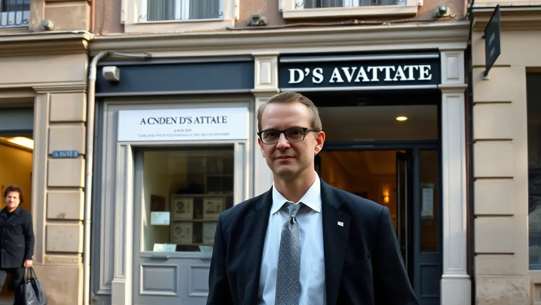 Une rue animée avec un avocat debout devant un bureau d'avocats