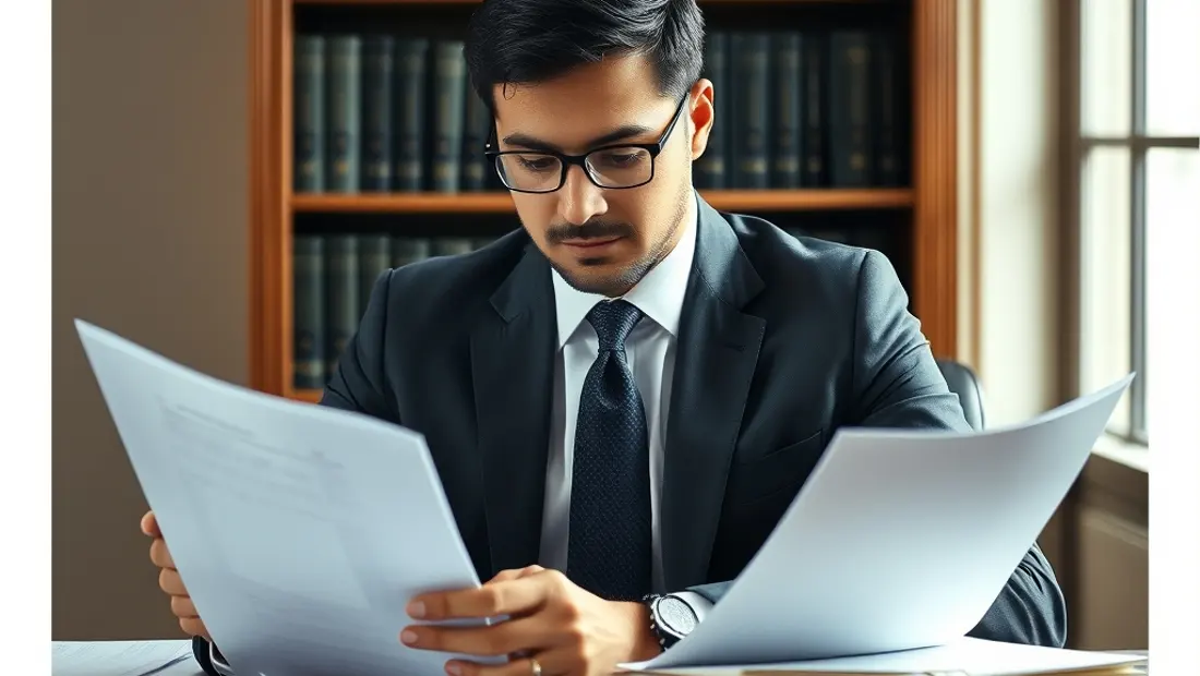 Un avocat regardant des documents juridiques sur son bureau