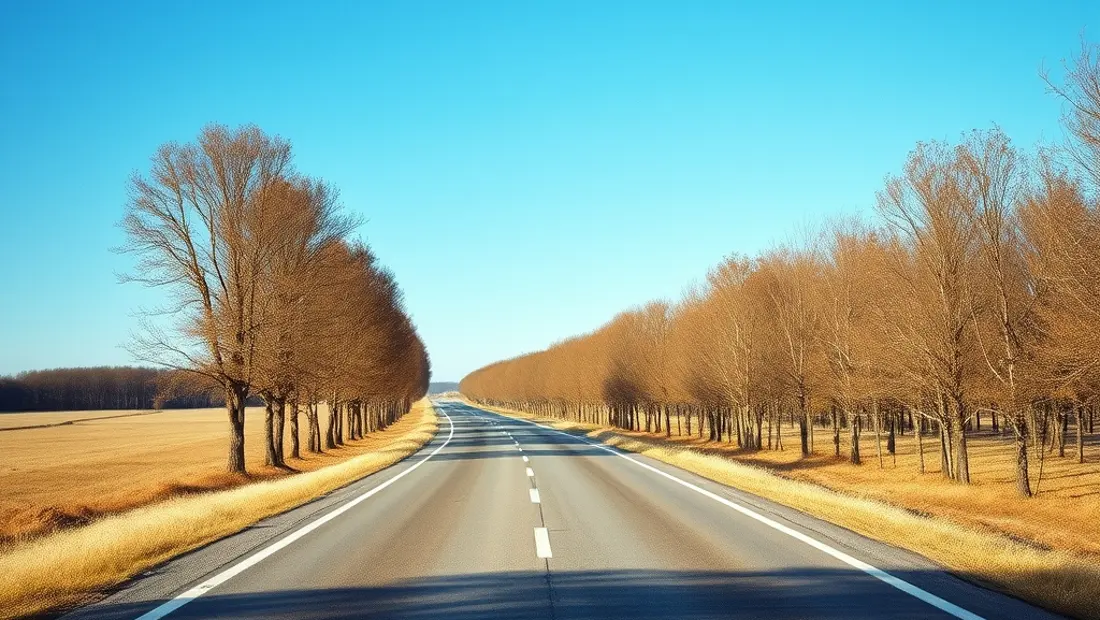 Route sinueuse avec des arbres à l'horizon.
